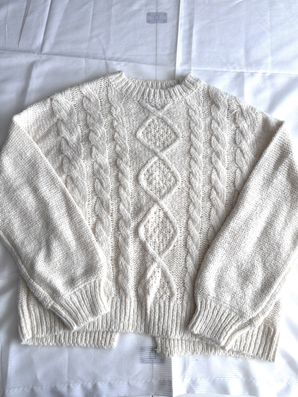 Ivory Fisherman Cable Knit Mohair Blend Crewneck Sweater/cozy grandpa knit